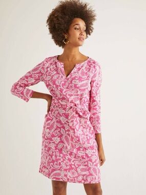Boden Kelsey Linen Split Neck Belted Dress (Sz 16/18L) Pink Paisley